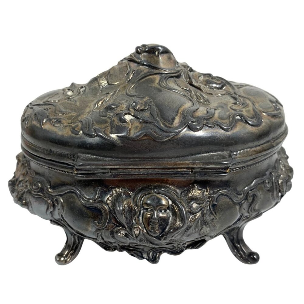 B&W Co Benedict Weiss Art Nouveau Pewter Trinket Box Jewelry Casket Ladys Face